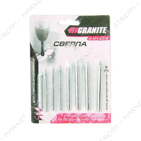 Набор сверл пика по стеклу и плитке Granite 2-01-008 4x60 5x65 2шт 6x68 2шт 8x70 10x85мм 8шт        
