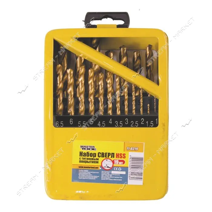Набор сверл по металлу MasterTool 11-0319 HSS титан 1-10мм шаг 0.5 в металлической коробке 19шт     