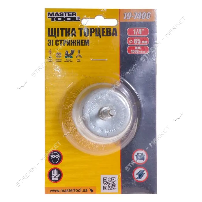 Щетка чашеобразная Mastertool 19-7406 из латунированной рифленой проволоки D65мм со стержнем 1/4