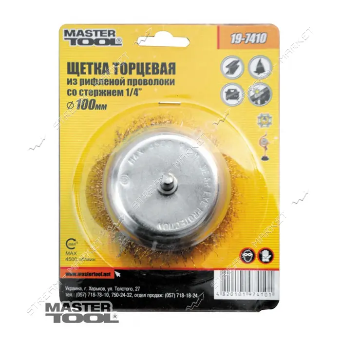 Щетка чашеобразная Mastertool 19-7410 из рифленой проволоки d100мм со стержнем 1/4"                 