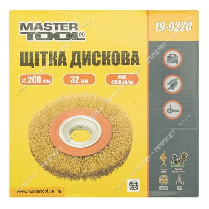 Щетка дисковая Mastertool 19-9220 из латунированной рифленой проволоки d200x32мм                    