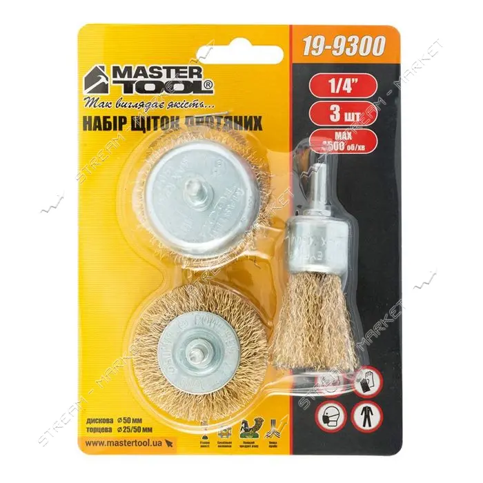 Щетка дисковая Mastertool 19-9300 из латунированной рифленой проволоки со стержнем 3шт              