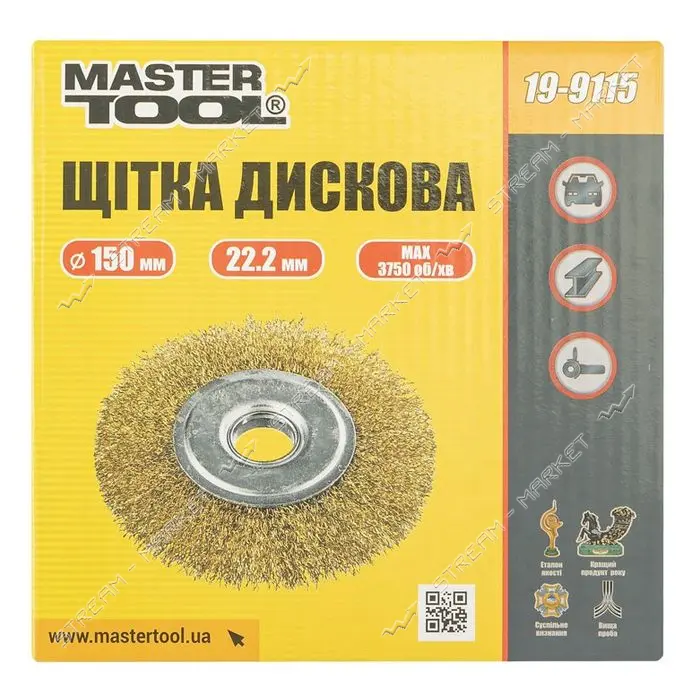 Щетка дисковая из латунированной рифленой проволоки Mastertool 19-9115 D150x22.2мм