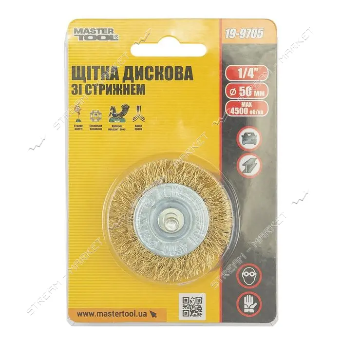 Щетка дисковая из латунированной рифленой проволоки Mastertool 19-9705 D50мм со стержнем 1/4"
