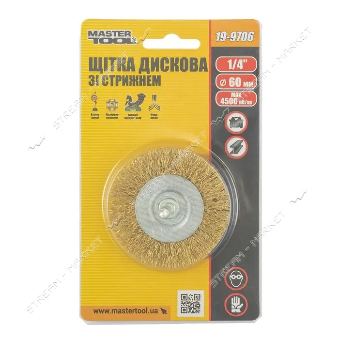 Щетка дисковая из латунированной рифленой проволоки Mastertool 19-9706 D60мм со стержнем 1/4"