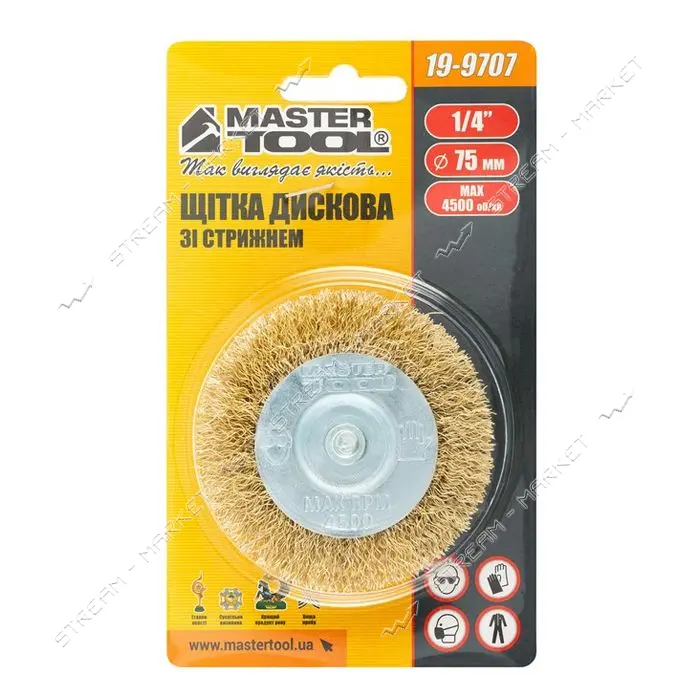 Щетка дисковая из латунированной рифленой проволоки Mastertool 19-9707 D75мм со стержнем 1/4"