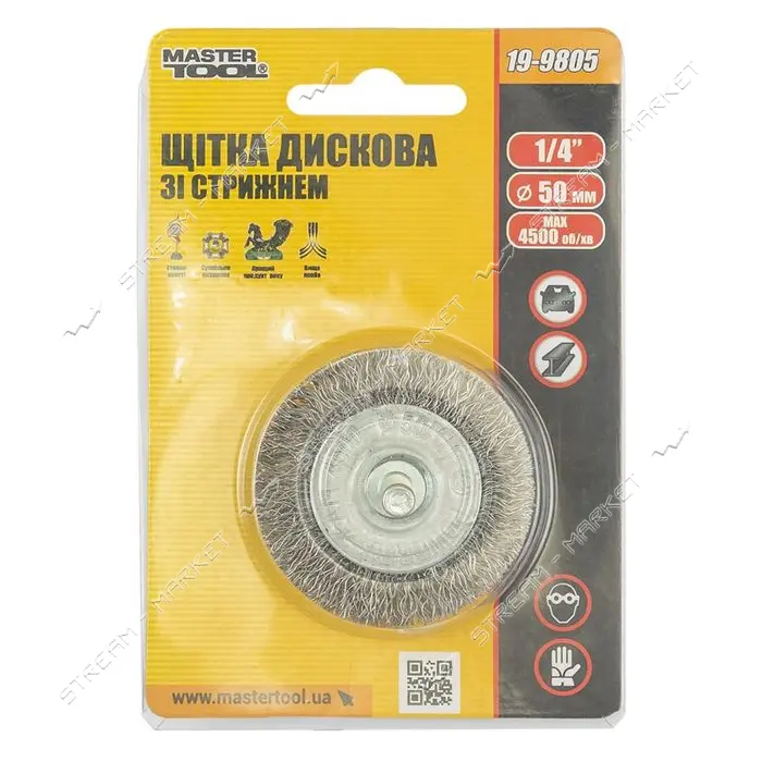 Щетка дисковая из рифленой проволоки Mastertool 19-9805 D50мм со стержнем 1/4"