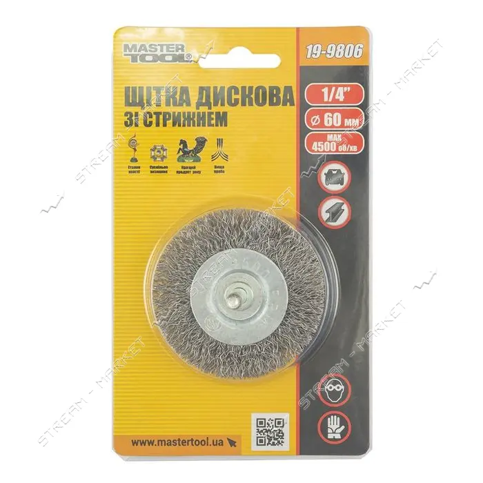 Щетка дисковая из рифленой проволоки Mastertool 19-9806 D60мм со стержнем 1/4"                      