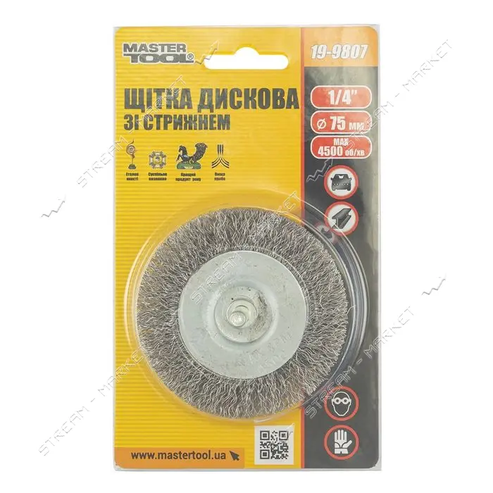 Щетка дисковая из рифленой проволоки Mastertool 19-9807 D75мм со стержнем 1/4"                      