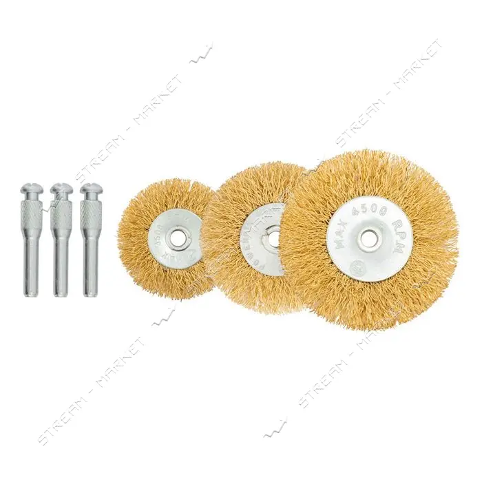 Щетки из латунированной рифленой проволоки Mastertool 19-9301 диск.50/63/75мм плюс стержень 1/4" 3шт