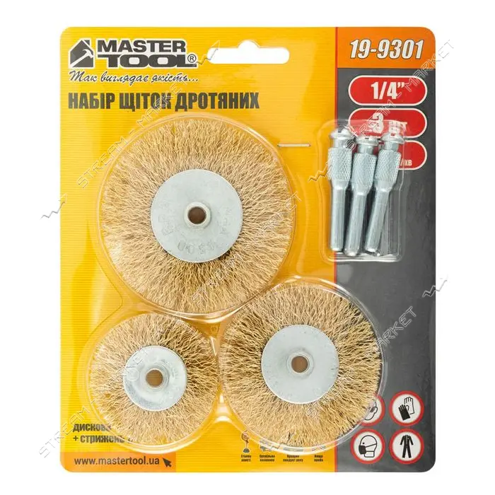 Щетки из латунированной рифленой проволоки Mastertool 19-9301 диск.50/63/75мм плюс стержень 1/4" 3шт