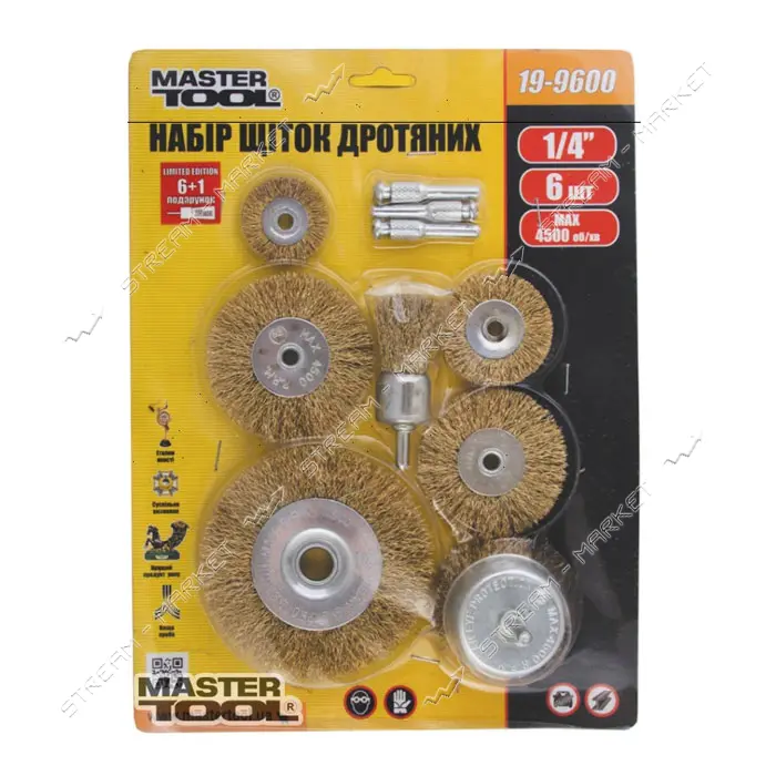 Щетки из латунир.рифл.проволоки со стержнем Mastertool 19-9600 торц.75мм диск.40/50/63/75/100 6шт