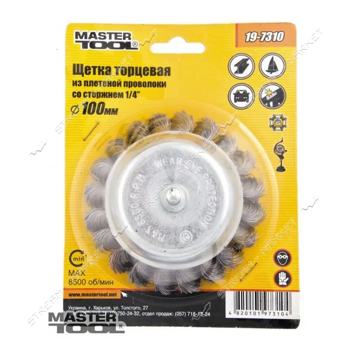 Щетка торцевая из плетеной проволоки Mastertool 19-7310 D100 со стержнем 1/4"