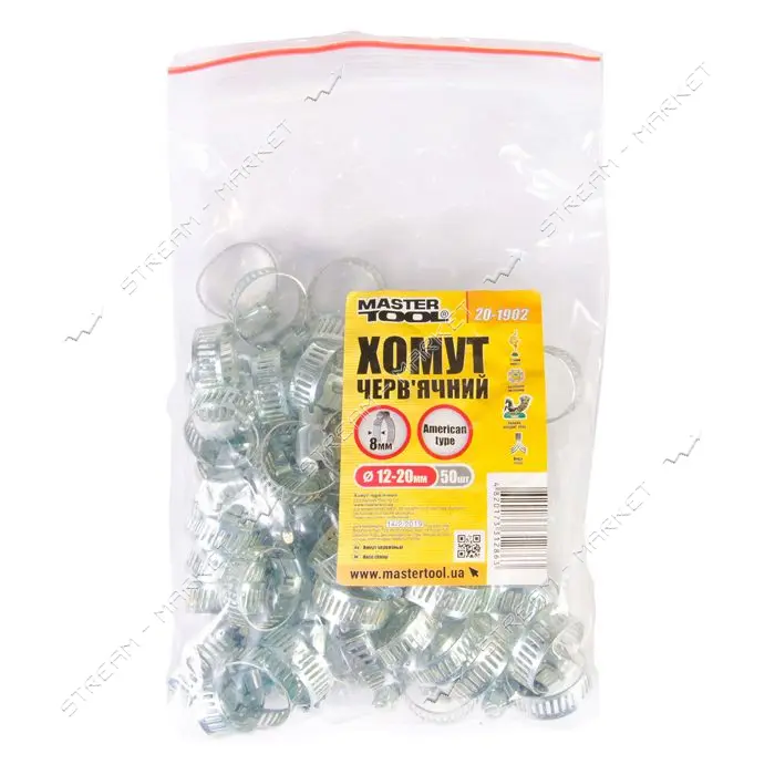 Хомут червячный оцинкованный Master-Tool 20-1902 American type 8мм d12-20мм 50шт                    