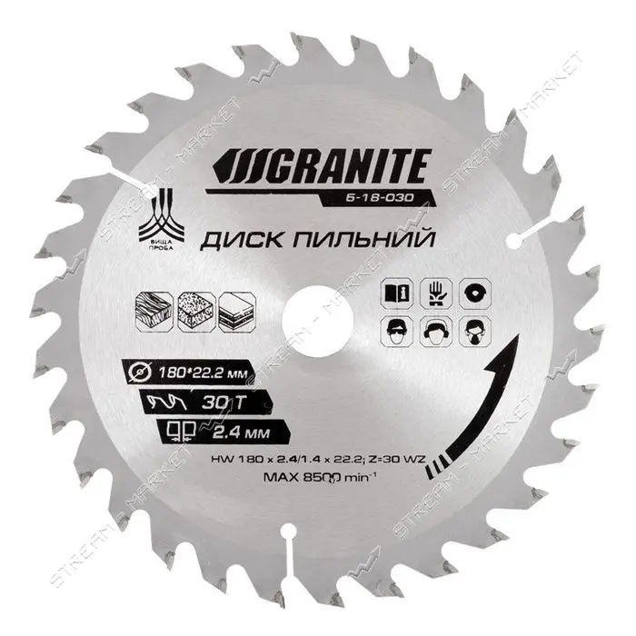 Диск пильный по дереву Granite 5-18-030 180х22.2х30Т адаптер 22.2-20                                