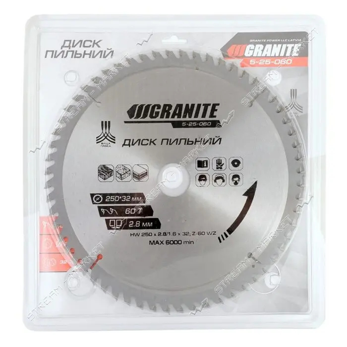 Диск пильный по дереву Granite 5-25-060 250х32х60Т адаптер 32-30 и 32-25.4                          