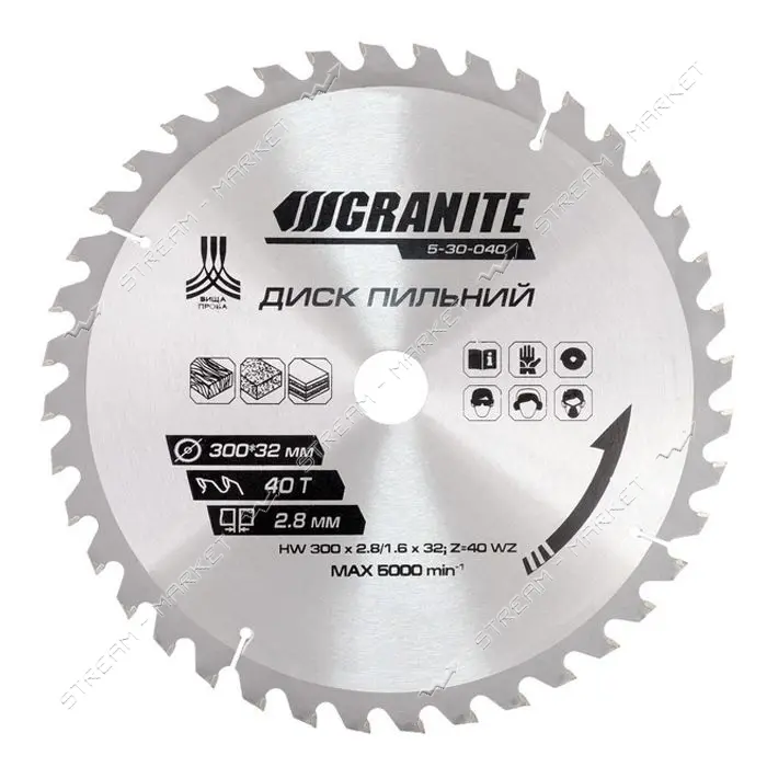 Диск пильный по дереву Granite 5-30-040 300х32х40Т адаптер 32-30 и 32-25.4                          