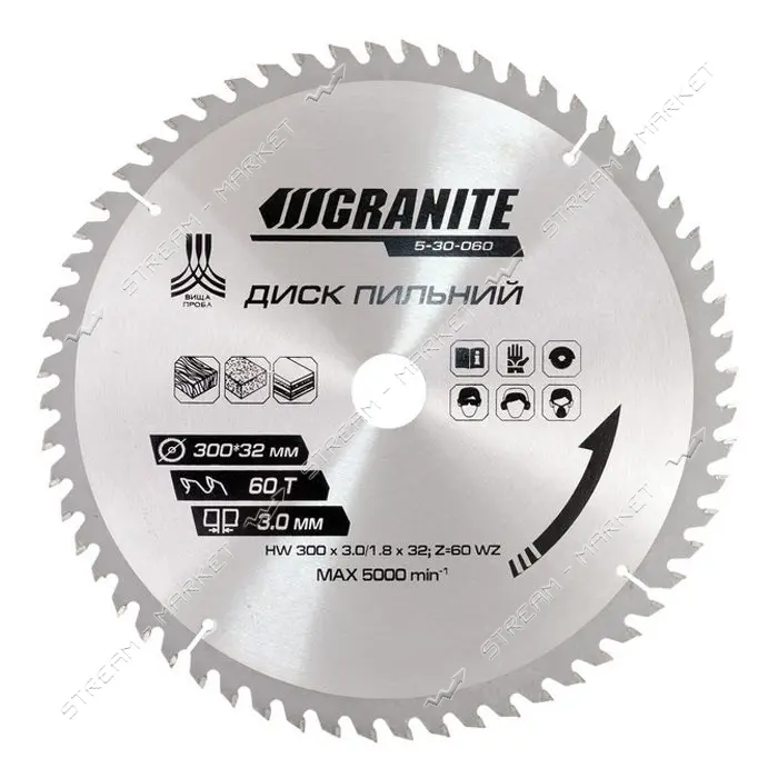 Диск пильный по дереву Granite 5-30-060 300х32х60Т адаптер 32-30 и 32-25.4                          