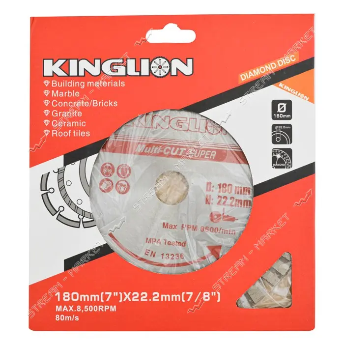 Диск алмазный турбо-сегмент с гайкой Kinglion 180x22.2х1.3мм