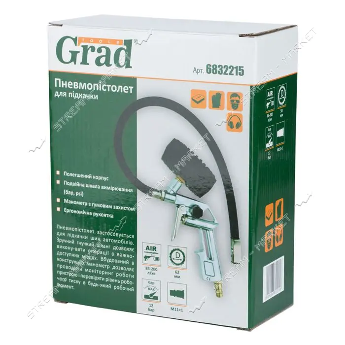 Пистолет для подкачки колес Grad 6832215 с мех. маном.d50мм 12бар 200л/мин шланг 440мм              