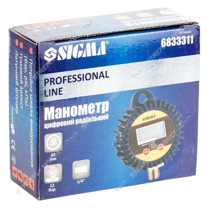 Манометр цифровой Sigma 6833311 d62мм 12бар G1/4 радиальный Profi                                   