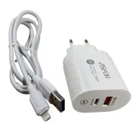 Сетевое зарядное устройство Aspor PD002 USB-C/USB QC 3.0/PD 20W плюс USB кабель Lightnin белое      