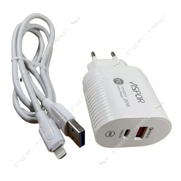 Сетевое зарядное устройство Aspor PD002 USB-C/USB QC 3.0/PD 20W плюс USB кабель Lightnin белое