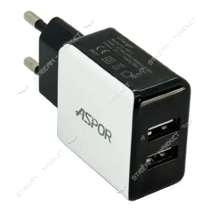 Сетевое зарядное устройство Aspor A811 2USB/2.4A плюс USB кабель Lighting C черное