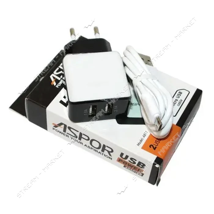 Сетевое зарядное устройство Aspor A811 2USB/2.4A плюс USB кабель Micro черное                       