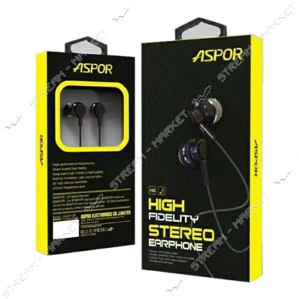 Наушники проводные Aspor  EА21 черные                                                               