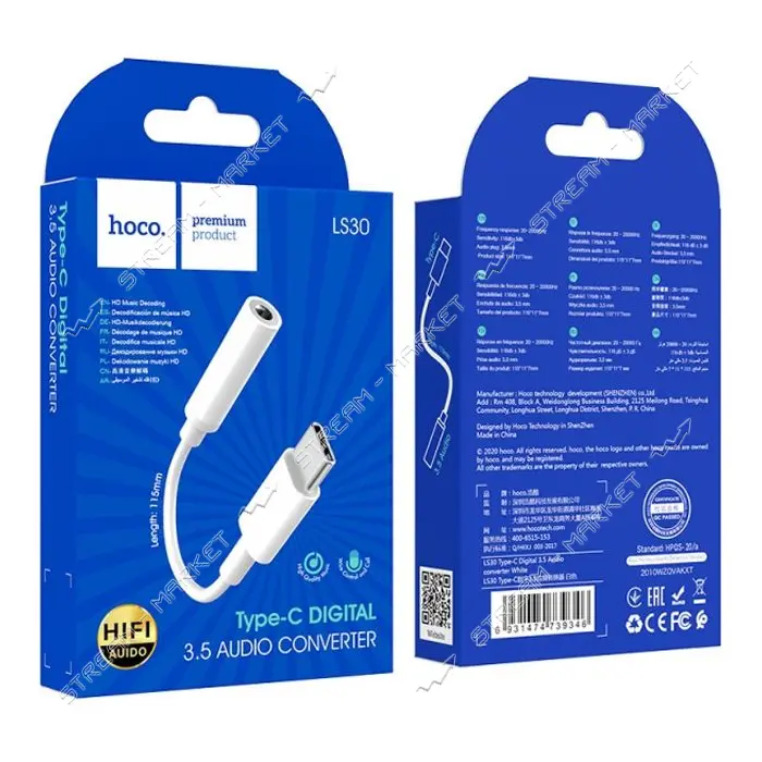 Переходник Hoco LS30 Type-C Digital 3.5 Audio converter белый                                       