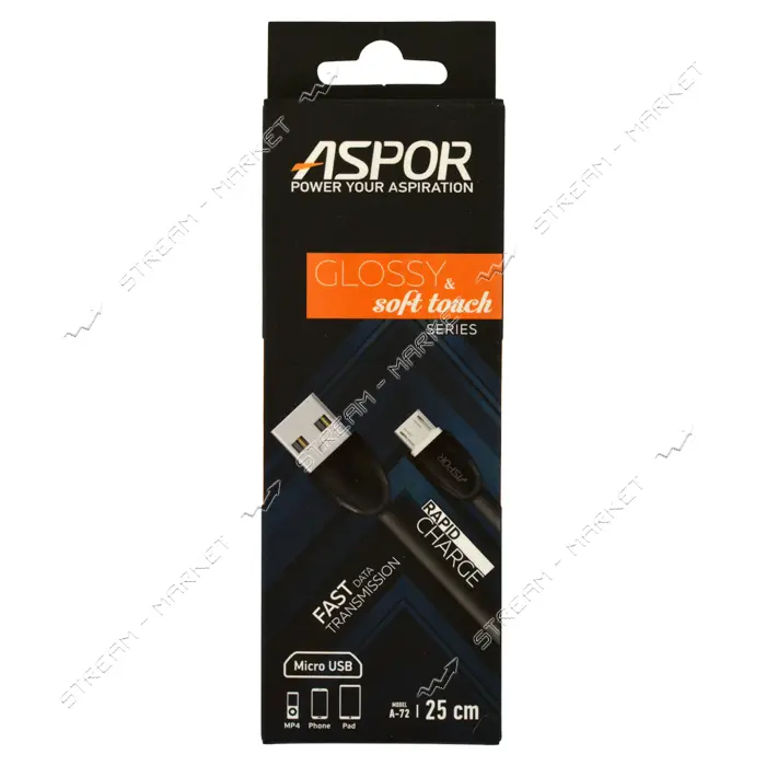 Кабель Aspor A72 Soft Touch Micro USB 0.25м черный                                                  
