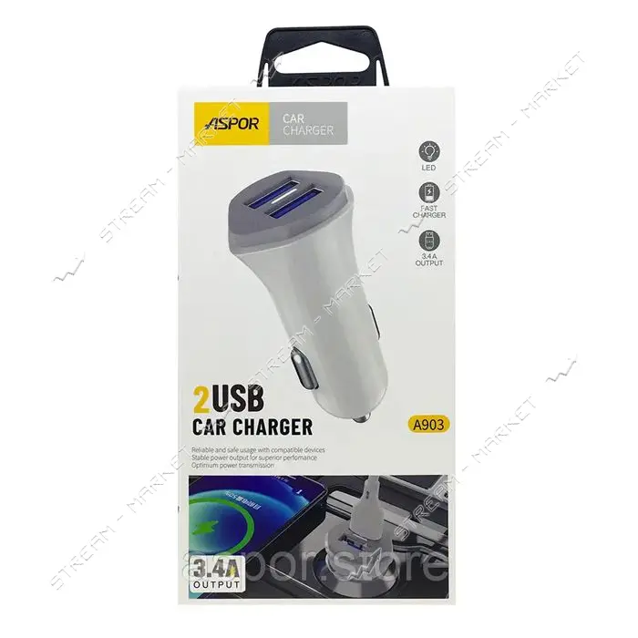 Автомобильное зарядное устройство Aspor A903 5V/3.4A 2USB белое