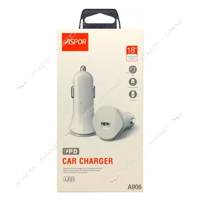 Автомобильное зарядное устройство Aspor A906 PD 5V/3.0A USB-С белое