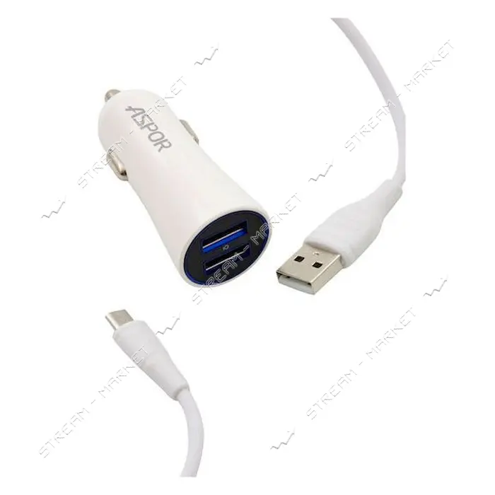 Автомобильное зарядное устройство Aspor A902C 5V/2.4A 2USB плюс Lightning кабель белое