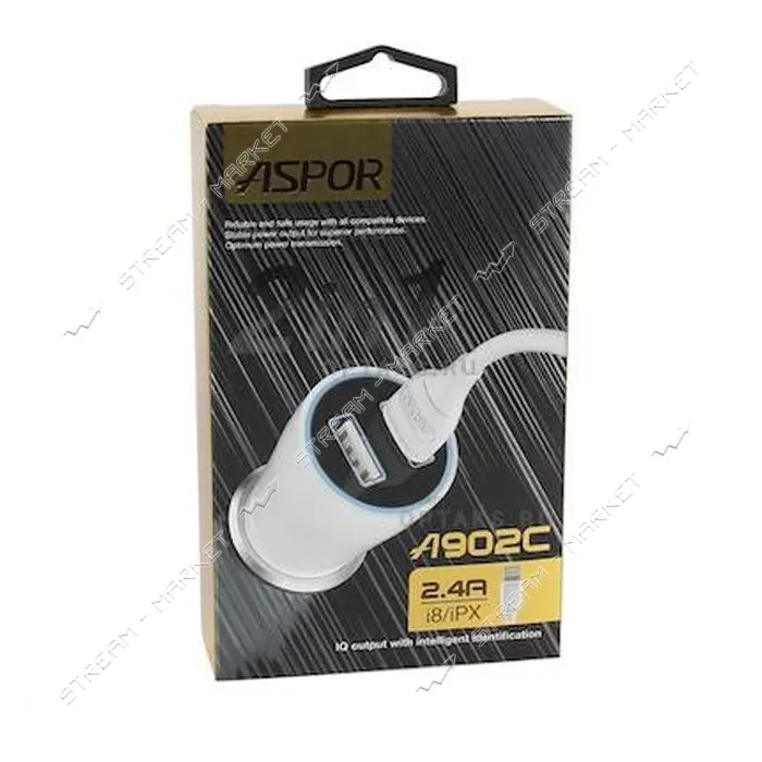 Автомобильное зарядное устройство Aspor A902C 5V/2.4A 2USB плюс Lightning кабель белое
