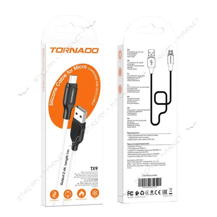 Кабель Tornado Micro USB TX9 2.4A 1м белый                                                          