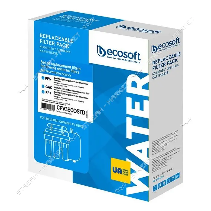 Комплект картриджей Ecosoft CРV3ECOSTD Осмос первичный пена 5мкм плюс хлор пена 1мкм                