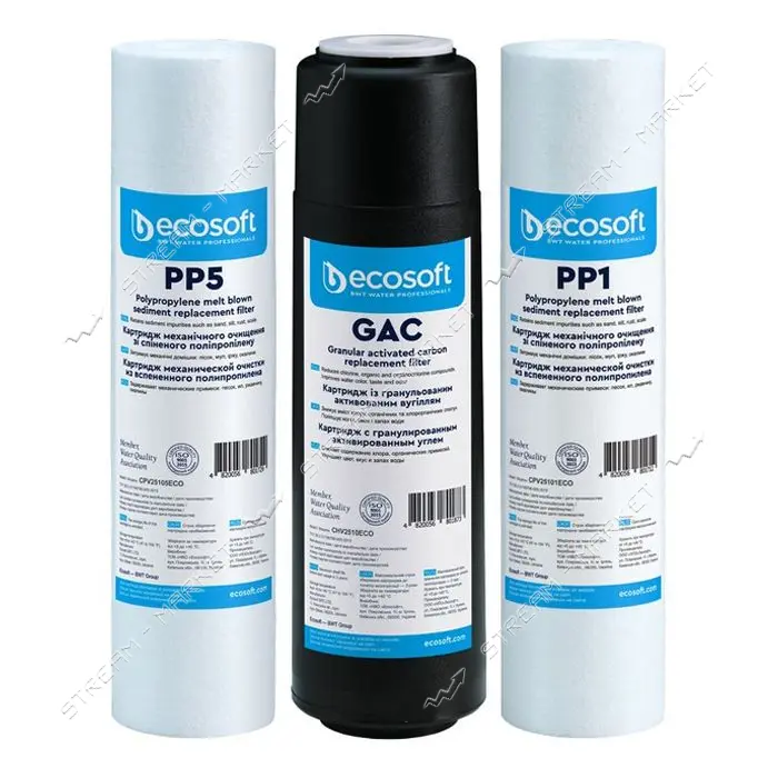 Комплект картриджей Ecosoft CРV3ECOSTD Осмос первичный пена 5мкм плюс хлор пена 1мкм                