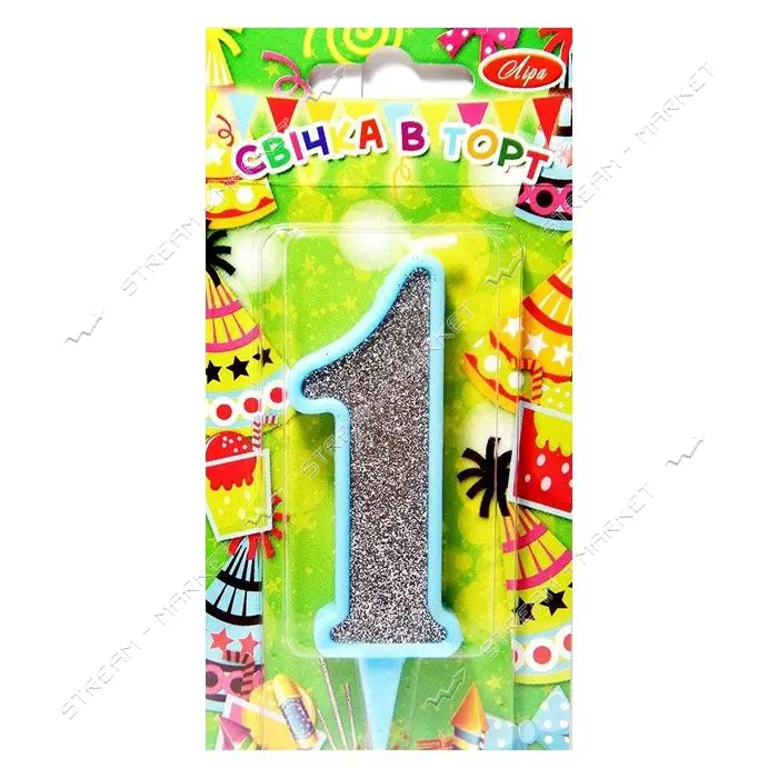 Свеча цифра 1 9см голубая с серебром
