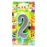 Свеча цифра 2 9см голубая с серебром