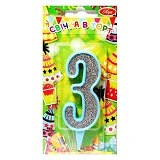 Свеча цифра 3 9см голубая с серебром