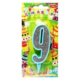 Свеча цифра 9 9см голубая с серебром                                                                