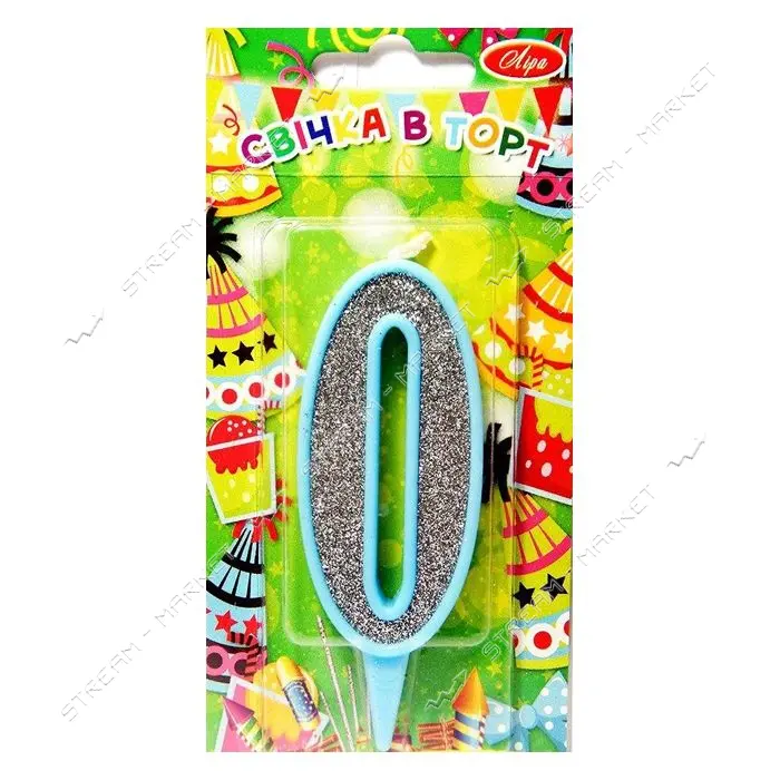 Свеча цифра 0 9см голубая с серебром