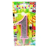 Свеча цифра 1 9см розовая с серебром                                                                