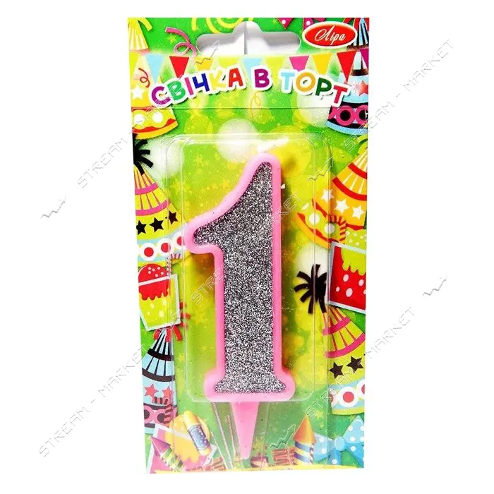 Свеча цифра 1 9см розовая с серебром                                                                
