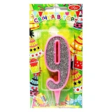 Свеча цифра 9 9см розовая с серебром                                                                