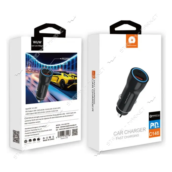 Автомобильное зарядное устройство WUW C146 2USB USB&Type-C port PD & QC3.0 черное                   