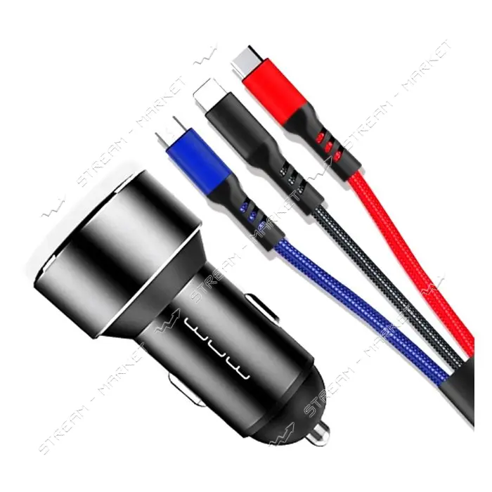 Автомобильное зарядное устройство WUW T44 1USB 1A плюс кабель 3 в 1 белое                           