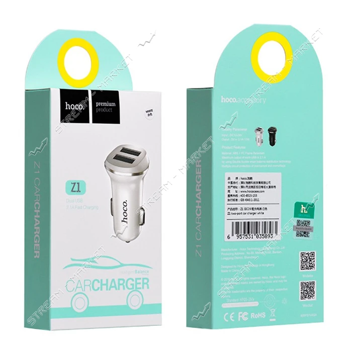 Автомобильное зарядное устройство Hoco Z1 5V/2.1А 2 USB белое